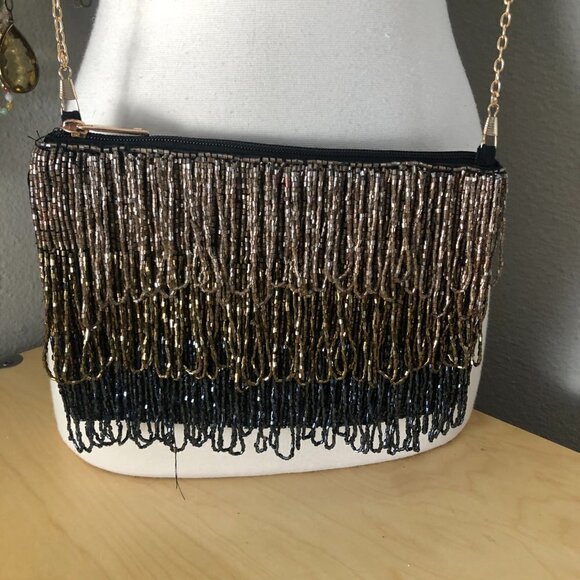 Lulu Satin Metallic Beaded Fringe Crossbody Bag - NEW - Picture 9 of 9